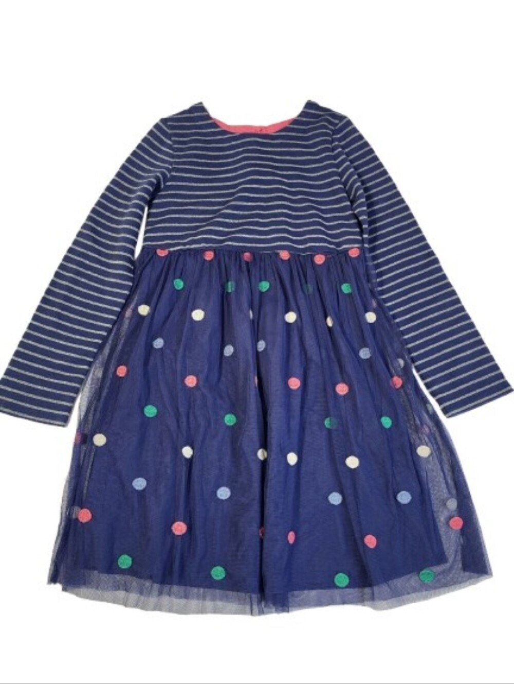 Mini Boden Jersey Tulle Long Sleeve Dress Polka Dots Navy Blue Stripes sz 9-10